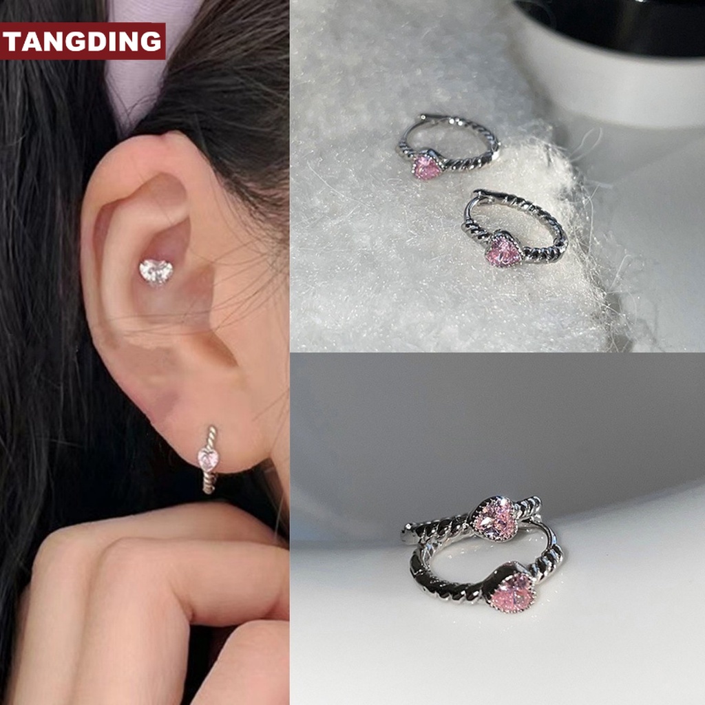 【COD Tangding】fashion Anting Tusuk Bentuk Hati Aksen Zircon Warna Pink Untuk Perhiasan Wanita