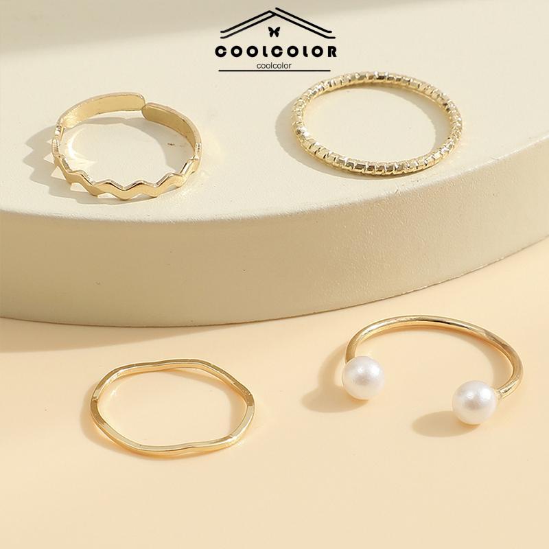 COD❤️4 Pcs/set Korea Cincin Emas Untuk Wanita Sederhana Mutiara Elegan Cincin Set Dapat Disesuaikan Terbuka Perhiasan Hadiah Fashion Aksesoris Murah