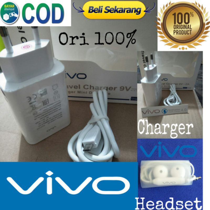 Casan vivo Y15S MicroUSB Charger vivo Y16 Bonus Headset Original Vivo Y93/Y91/Y91C/Y12/Y15/Y17/Y19/V