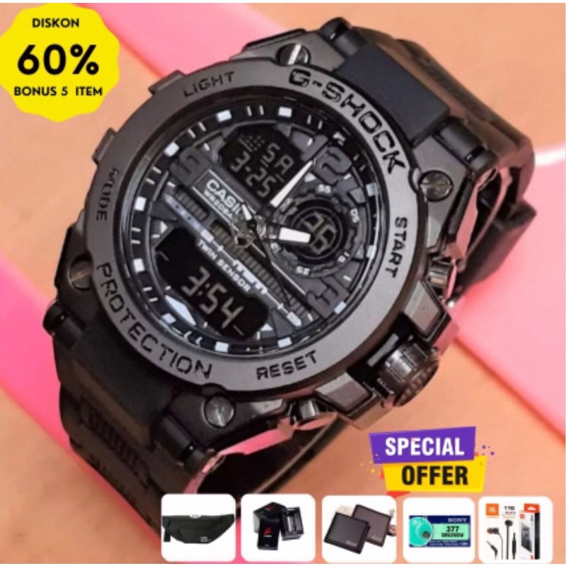 Jam Tangan G-Shock GST 8600 Anti air Bonus Dompet, Waistbag, Hendset, Gelang Keren, Box, Baterai.