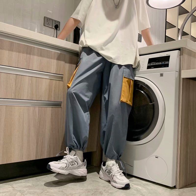 Celana pria biru Korea style kulot pria celana olahraga celana kasual pria elastis celana oversize pria loose pants pria 2023