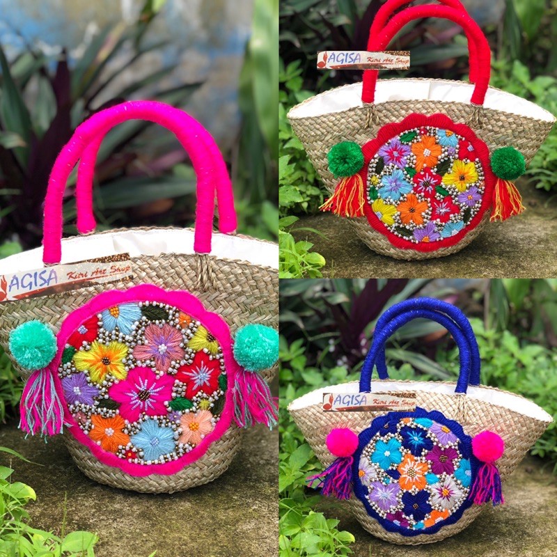 Tas bangkok/tas anyaman hias/tas anyaman bali/oleh oleh bali/tas rotan/tas pompom/tas rajut/tas