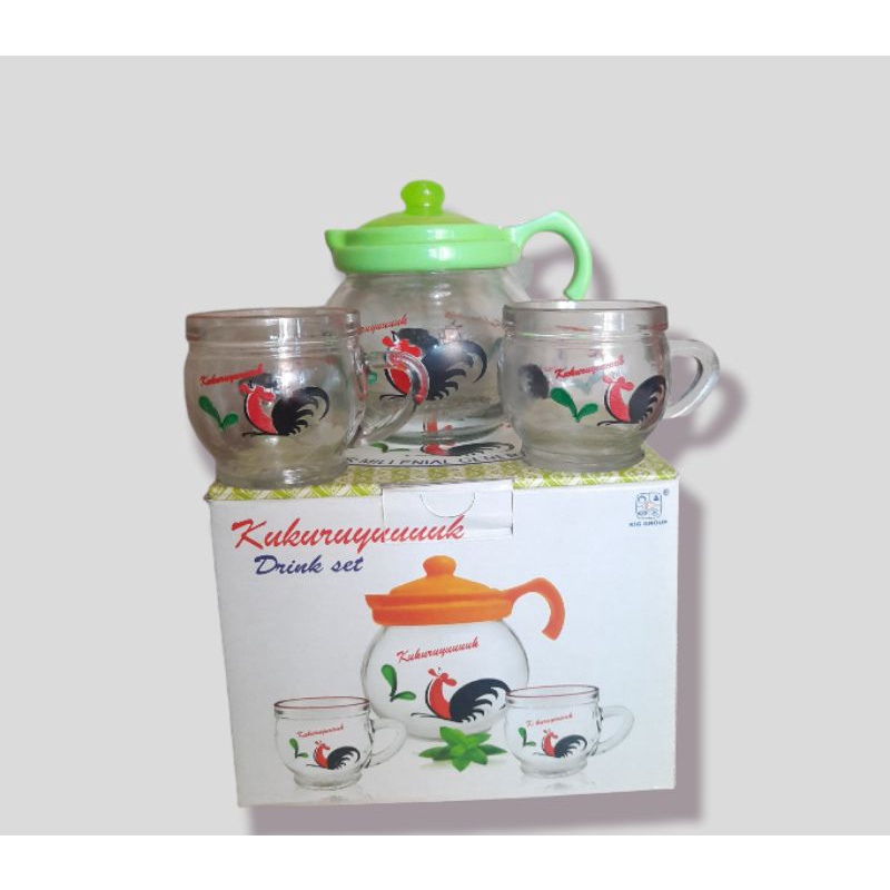 1 set Pitcher Teko dan Cangkir Kaca Mini Cap Ayam Jago