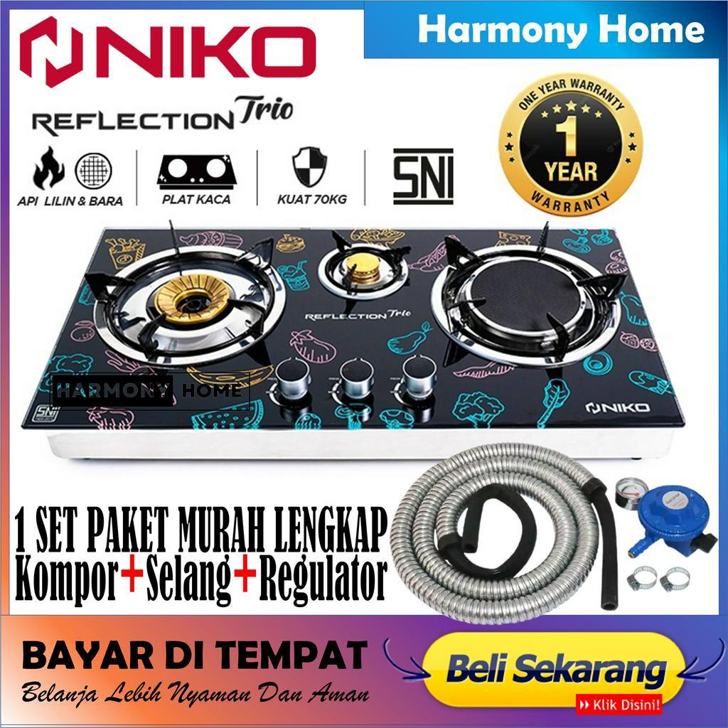 Kompor Kaca Niko Reflection Trio Kompor Gas 3 Tungku + Api Bara Tampered Glass - BODY KACA MOTIF / Kompor Gas Paket Hemat, 100% ORIGINAL BODY KOKOH DAN KUAT