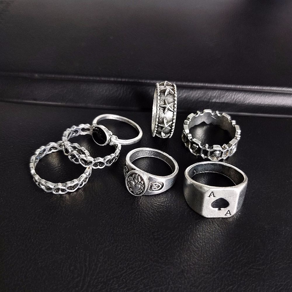 7 Pcs Cincin Kepribadian Tidak Teratur Bahan Alloy Warna-Warni Gaya Punk Hip-Hop Korea Untuk Pria