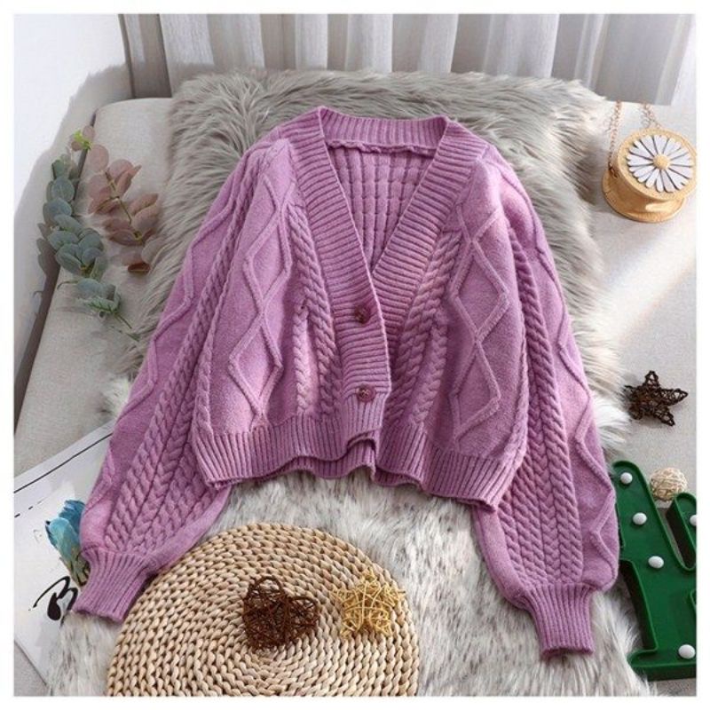 Cable Knit Cardigan Lilac Ungu Import