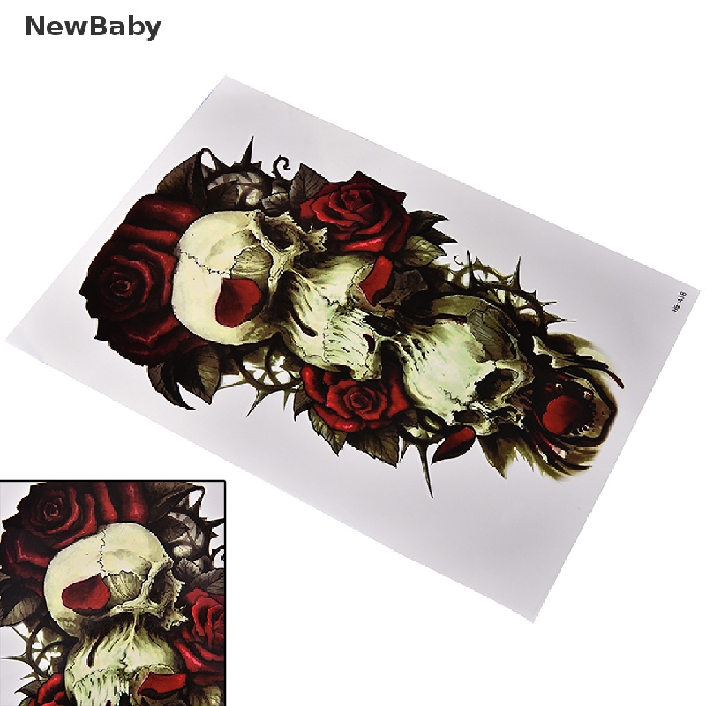 Newbaby Stiker Tattoo Temporer Motif Tengkorak + Bunga Mawar Anti Air Untuk Lengan / Tubuh Bayi