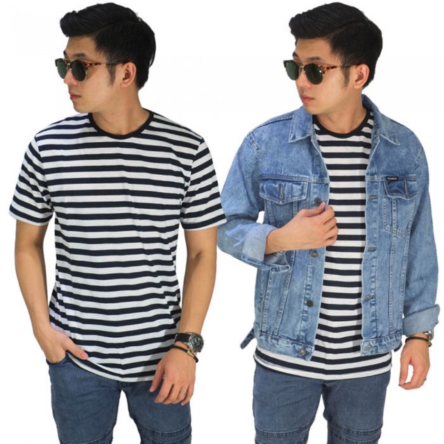 Kaos Pria Medium Stripe Belang Hitam Dan Putih