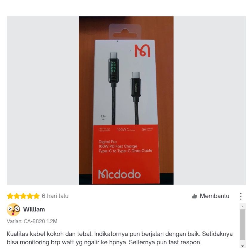 MCDODO CA-8820 Kabel USB Type C To C Digital PD FAST 100W 5A 1.2m