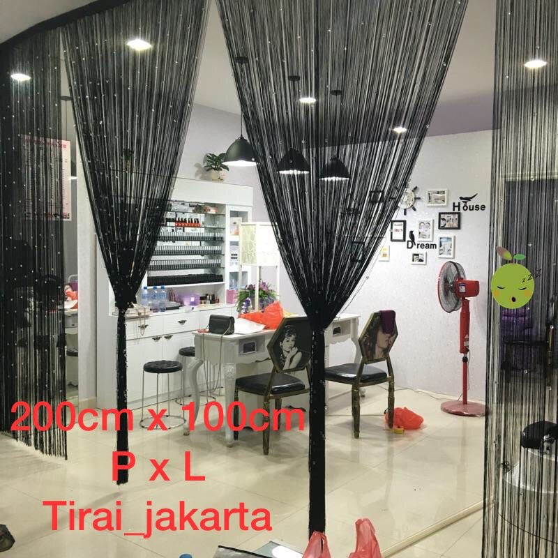 Tirai gliter hitam black/ 2meter x 1meter/ tirai benang dekorasi/ tirai jendela/ tirai pintu