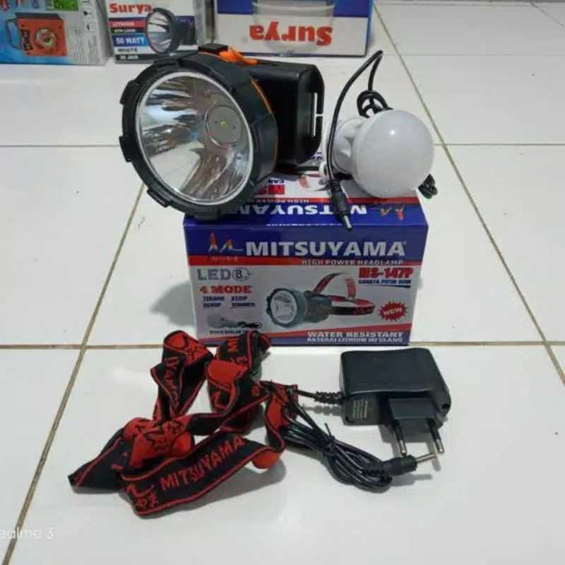 COD Senter Kepala LED 50Watt MITSUYAMA MS-147P Plus bohlam DC Cahaya Putih Headlamp 50W Dimmer Cahaya Putih