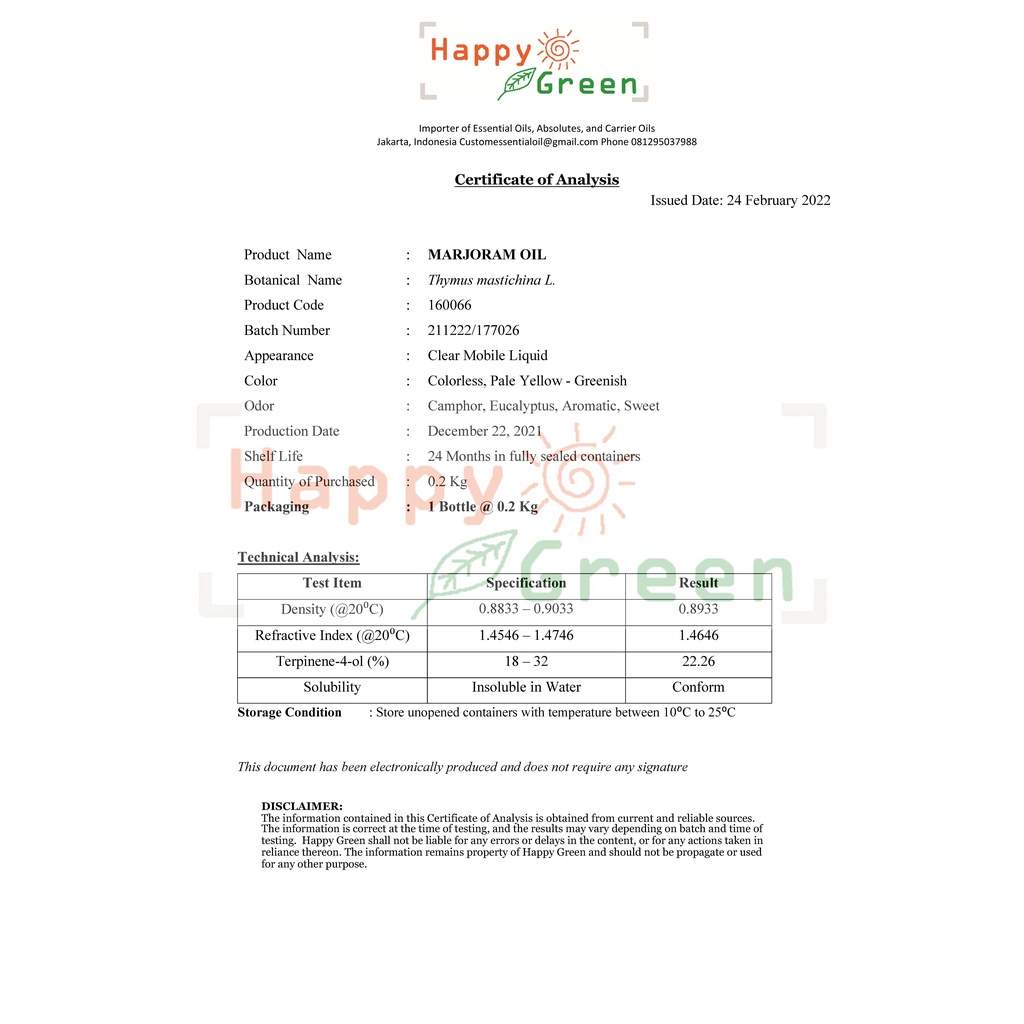 BPOM Approved Happy Green Marjoram Essential Oil - Minyak Alang-Alang Hijau