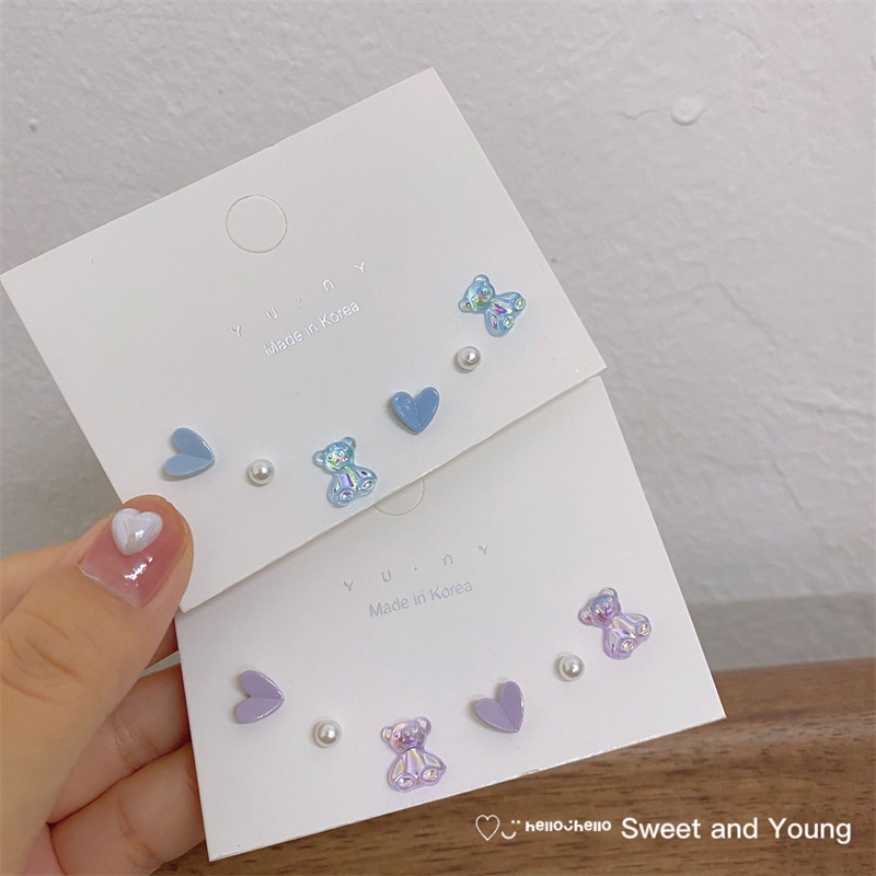 3pcs set Aurora bear ceramic love earrings pearl color summer ins girl earrings s925 silver