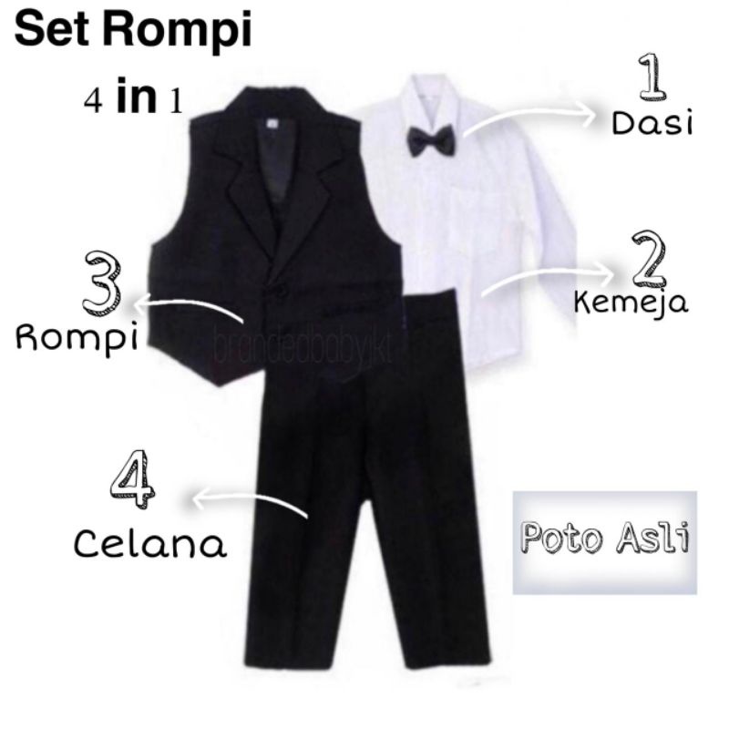 PHOTO PRODUCT ASLI PROMO SETELAN / SET 4 in 1 JAS ROMPI HITAM / NAVY ANAK LENGKAP DASI KUPU kode 14210 14220