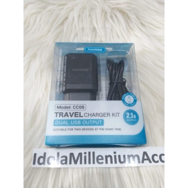 Travel Charger Kit Foomee CC05 Dual USB Output Max 2.1A Cable Type-C For Android Fast Charging