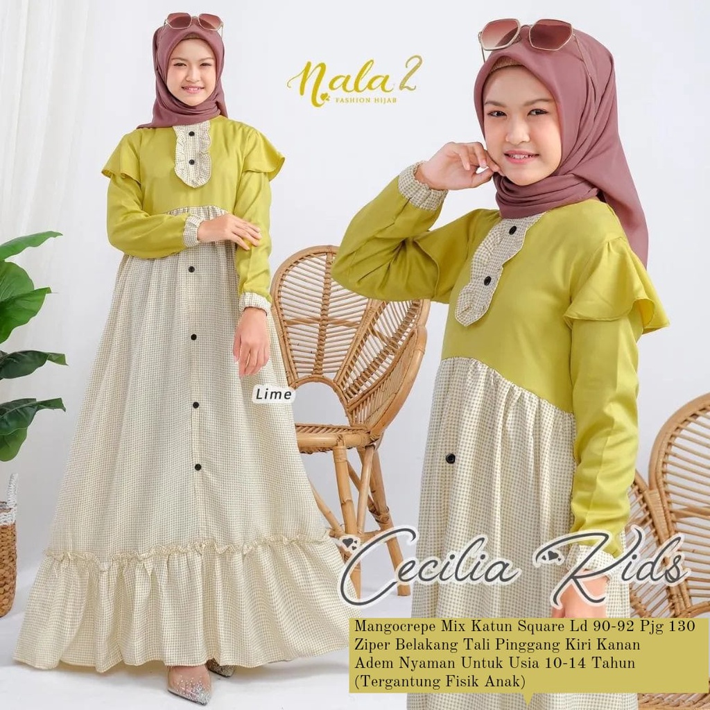 Cecilia Kids Baju Muslim Anak Perempuan Pakaian Anak Perempuan Gamis Anak Tanggung 10-14 Tahun Baju Pesta Anak Perempuan