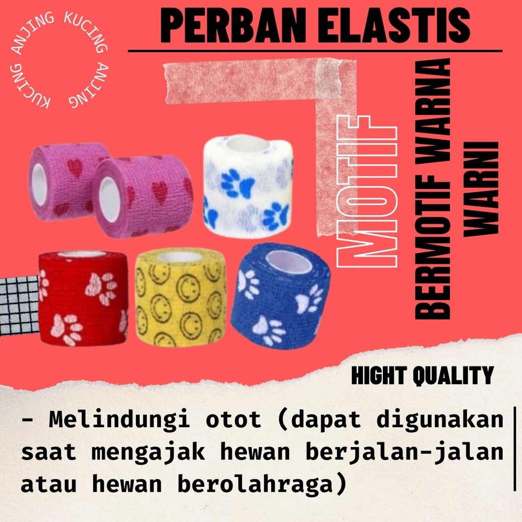 Perban Elastis Warna dan Motif Random Bahan Breathable Untuk Pelindung Kaki Anjing Kucing Musang Kelinci Hewan Peliharaan FEZONE