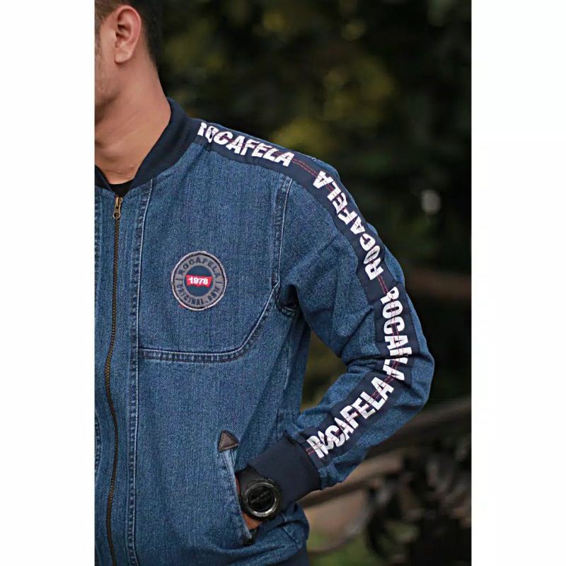 [READY STOCK] JAKET JEANS PRIA / COWOK SENWASH BLUE SANDWASH BOMBER DENIM RCFL / ROCAFELA ORIGINAL