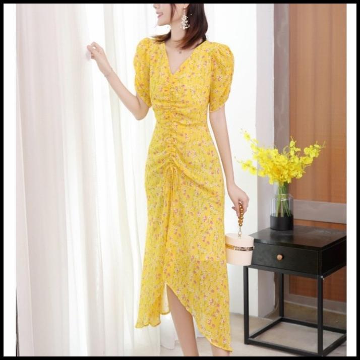 Midi Dress Puffy Sleeve Yellow Sunshine Floral Classy Korean Style Tnf