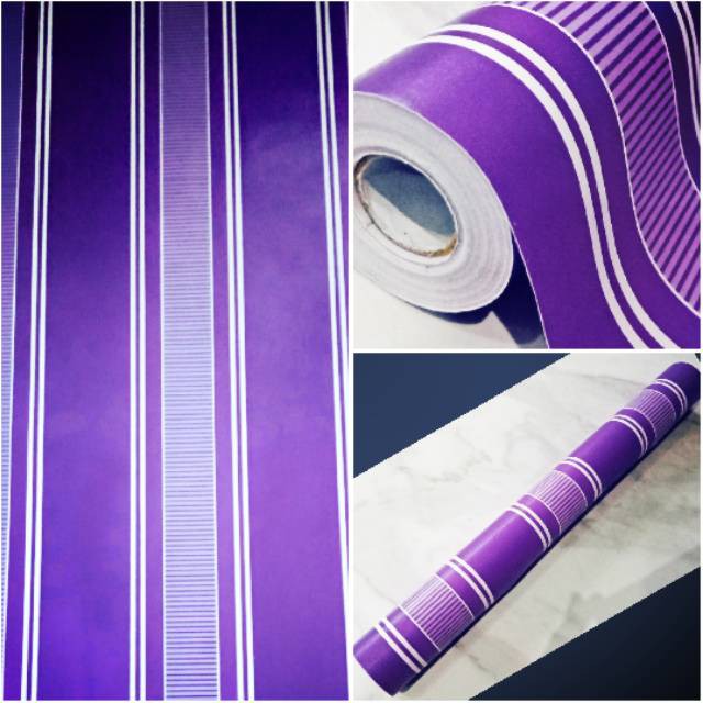 WALLPAPER DINDING STICKER  MOTIF UNGU GARIS PUTIH 10M