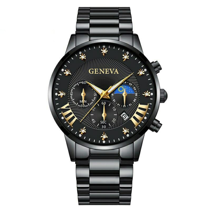 Jam Tangan Pria Rantai Luxury Original Geneva Analog Jam Cowok Stainless Steel Casual Jam Arloji Cowok Besi Quartz Modern Kekinian Formal