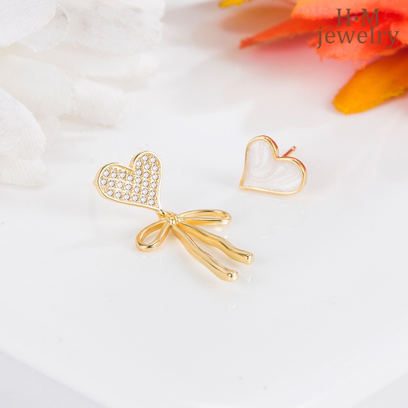 Anting Bentuk Hati Asimetris Warna Putih Gaya Perancis Untuk Wanita