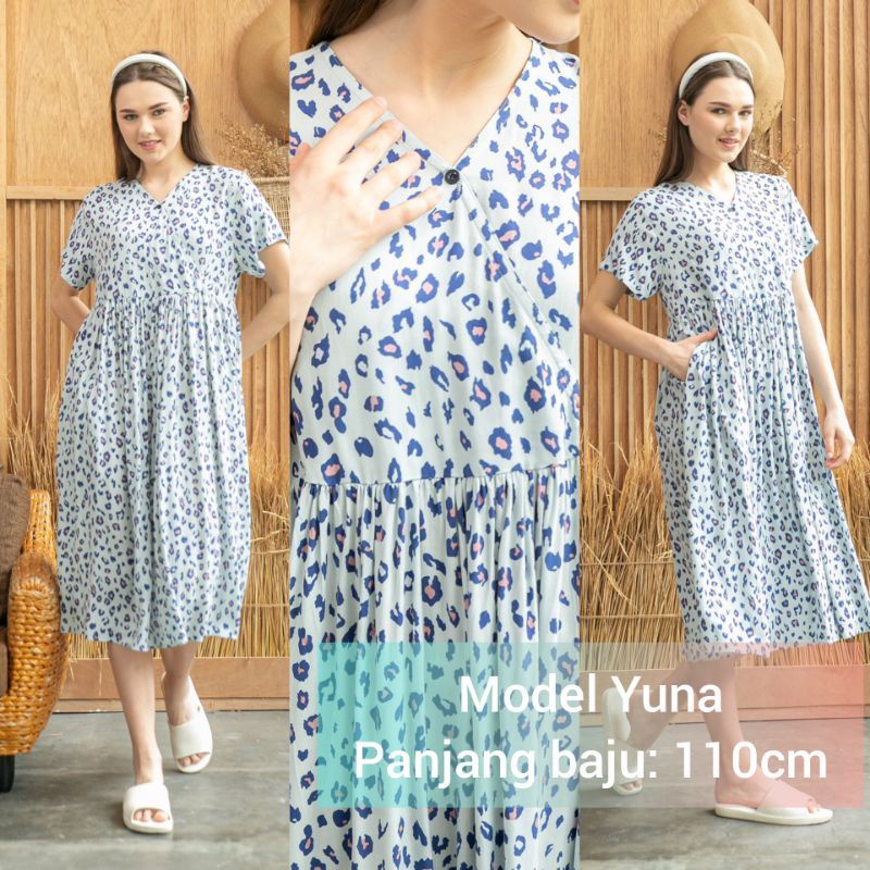 DASTER KHALIFS SLEEPWEAR EXCLUSIVE KHALIF'S ID HOMEWEAR HOMEDRESS RAYON VALENCIA SUPER PREMIUM BUSUI BAJU HAMIL FRIENDLY MIDI NYAMAN GEMES ADEM TERBARU-YUNA Leopard Blue