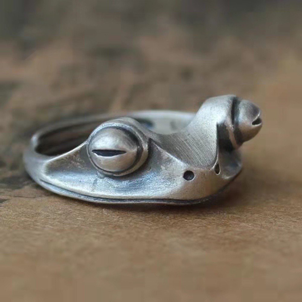 Cincin Jari Model Terbuka Desain Katak Artistik Warna Silver Gaya Bohemian Retro Untuk Unisex