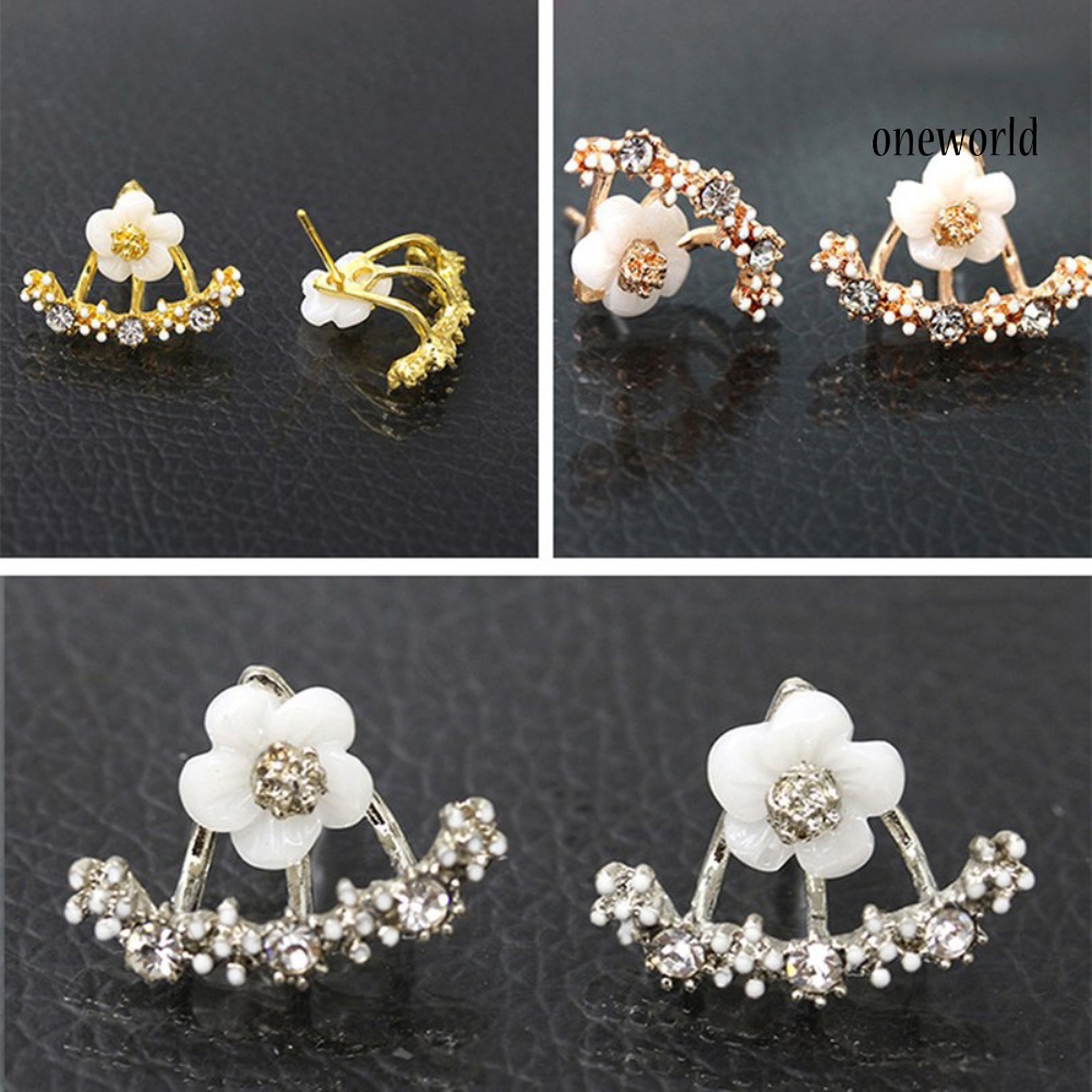 OW@ Women Cute Daisy Shape Rhinestone Inlaid Ear Jacket Earrings Party Jewelry Gift