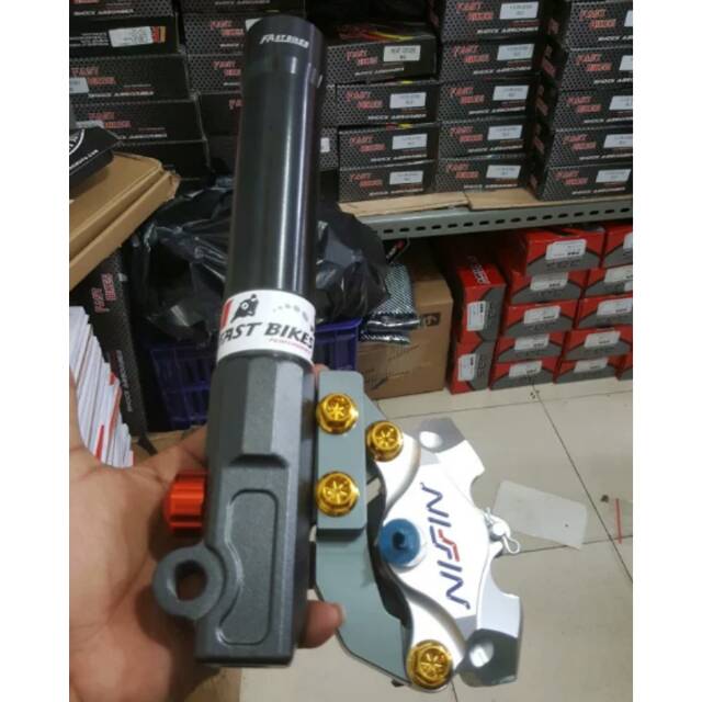 Paket tabung depan shock rt stage 6 kaliper nissin + baut probolt satria Fu pnp tinggal pasang aja