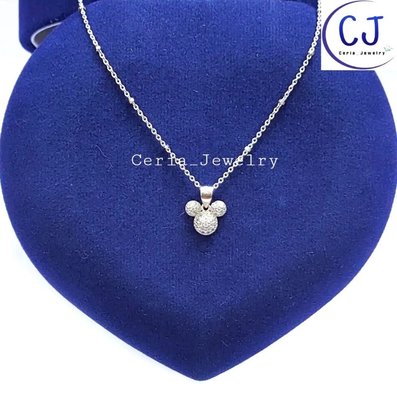 Kalung Anak Perak Asli Silver 925 Lapis Emas Putih Rantai Jedar, Nori Polos, Nori Ukir Liontin Mickey Mouse - Perhiasan Perak Anak Asli