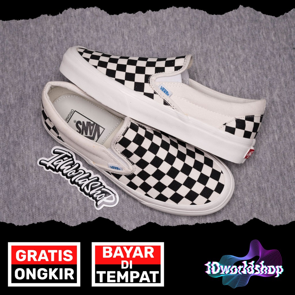 vans slipon og lx checkerboard black white   kualitas terbaik   sepatu catur   sepatu slip