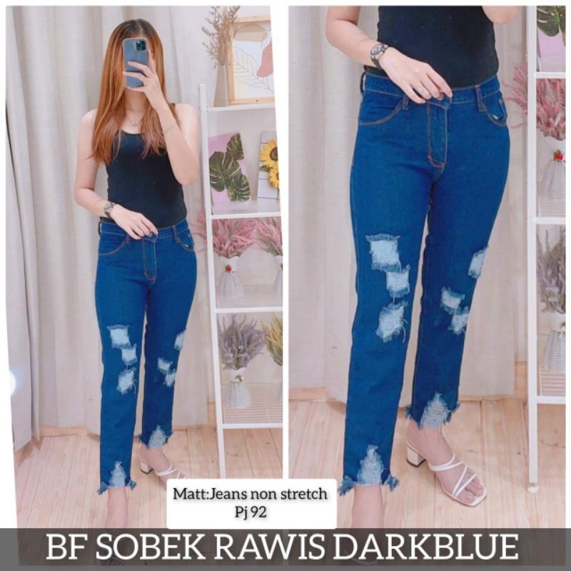 FREE BELT!! Boyfriend Jeans Cewek Sobek Lapis Rawis Dark blue &amp; Light blue