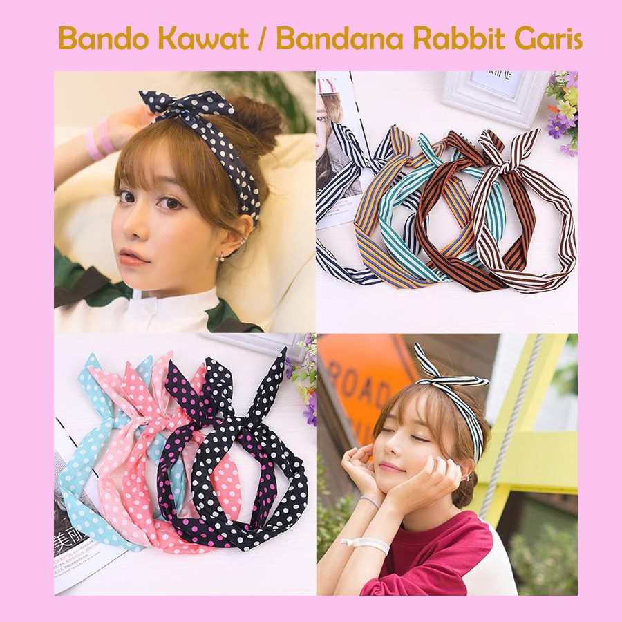 Bando Kawat / Bandana Rabbit Garis Warna Warni Wanita