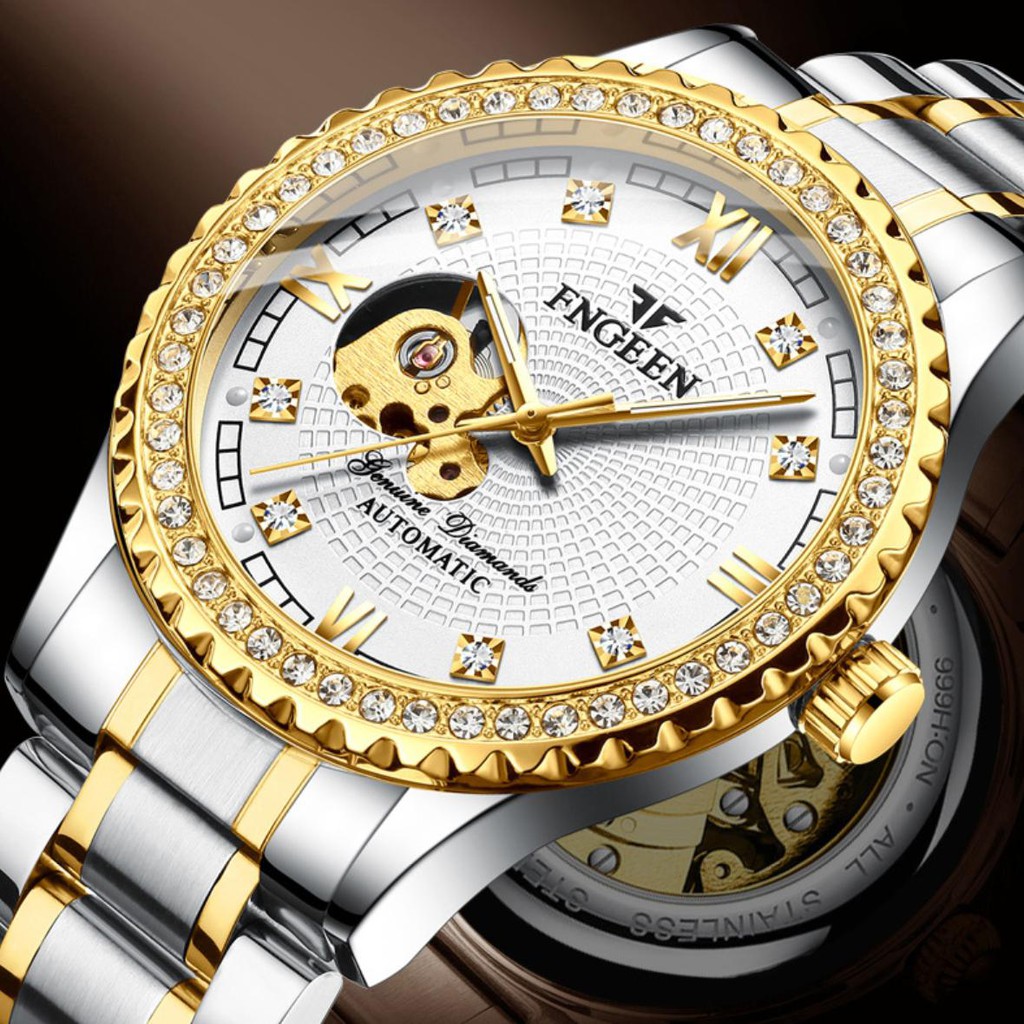 Jam Tangan Pria FNGEEN Diamond Mechanical Luxury Automatic Anti Karat Tahan Air Mewah Elegant