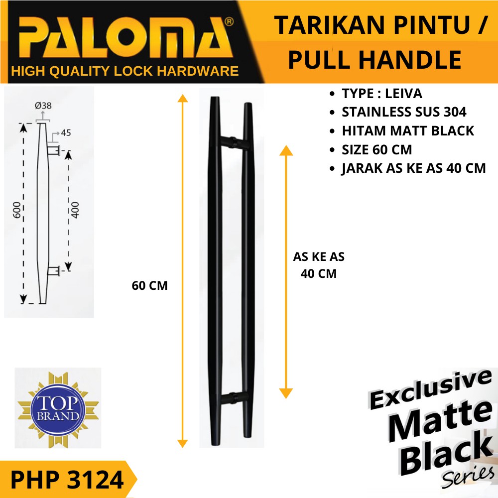 PALOMA PHP 3124 GAGANG TARIKAN PULL HANDLE 60 CM LEIVA HITAM BLACK MATTE