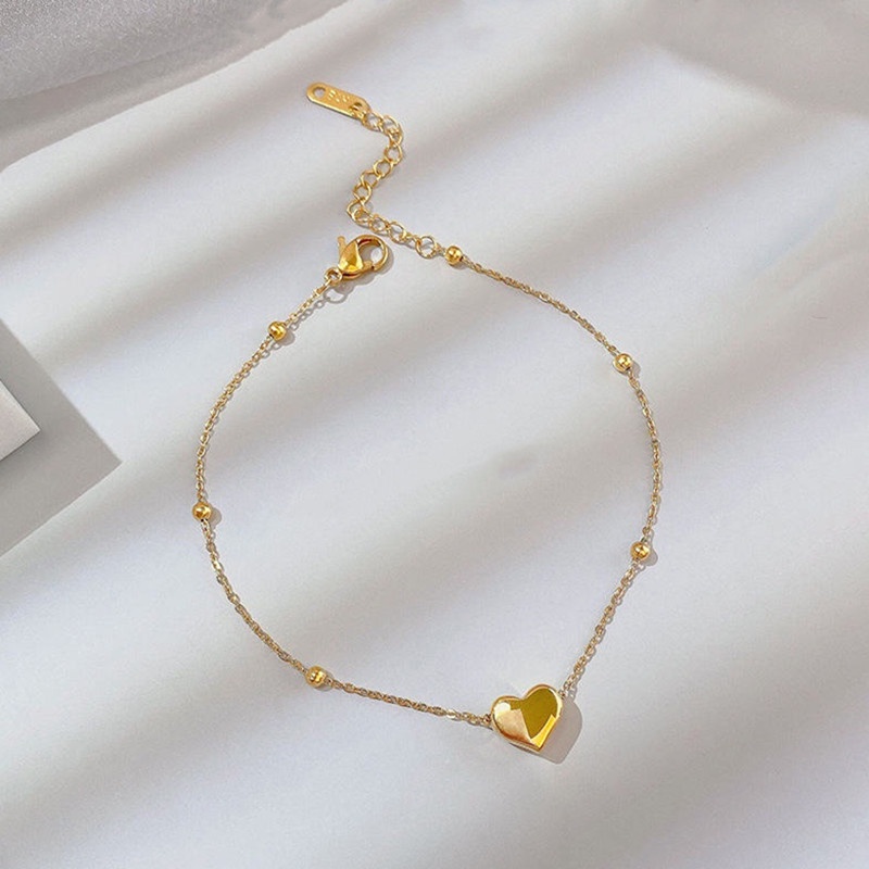 Gelang Kaki Titanium Anti Karat Manik-Manik Hati Emas 18k Aksesoris Wanita Korea