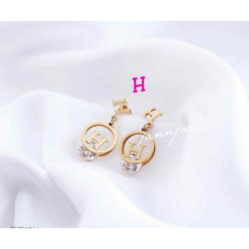 Anting mewah titanium anti karat&amp;alergi permata zircon