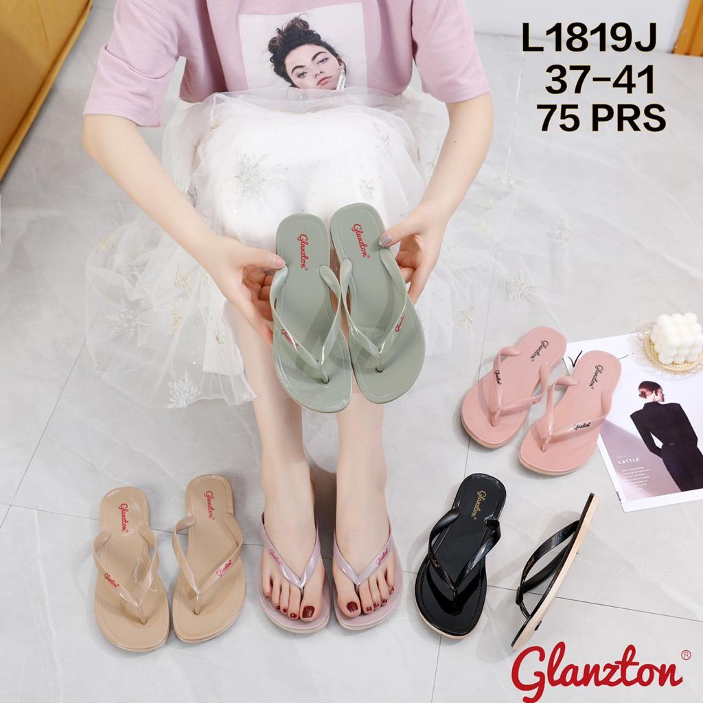 L1819V IMPORT Merek Glanzton Sandal Jepit Wanita / Sandal Jelly Wanita Permukaan Glossy Size 37-41