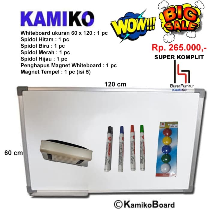 

Whiteboard Kamiko 60 x 120 Spidol H,B,HJ, M, Hapus magnet, Magnet promo