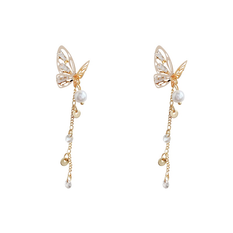 Shuling 925 Silver Needle High-quality Zircon Butterfly Earrings Female Long Tassel Pearl Earrings Super Sweet Ear Jewelry