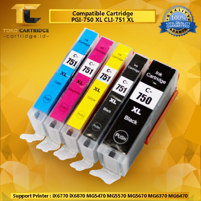 Cartridge Tinta Compatible Canon PGI750 XL CLI751. Quality Refill Printer iX6770 iX6870 MG5470 MG5570 MG5670 MG6370 MG6470 MG7170 MG7570 MX727 MX927 iP7270 iP8770