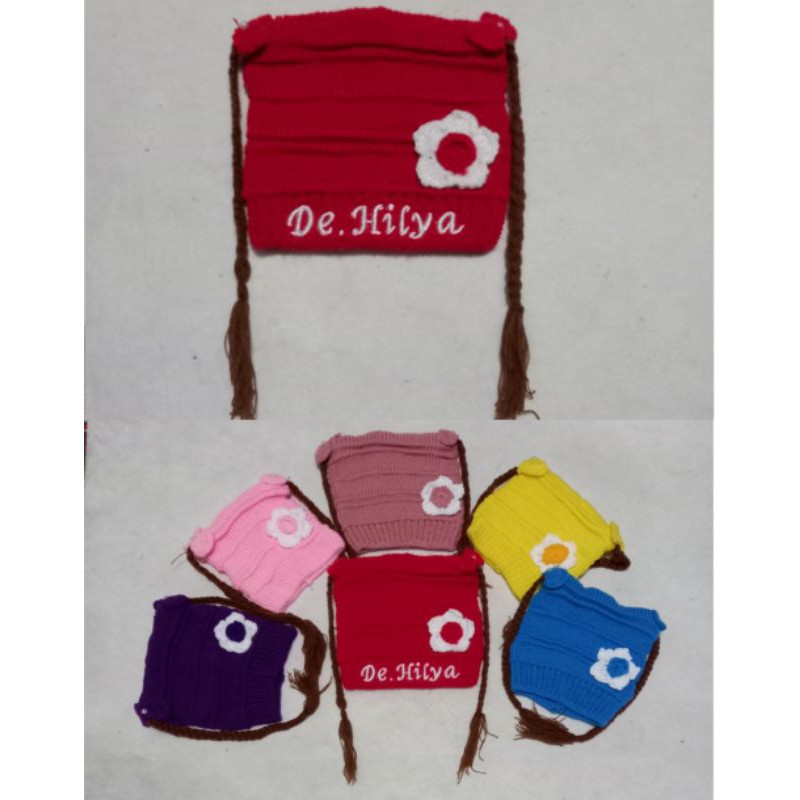 Topi Anak Perempuan Rambut Kepang Topi Bayi Kupluk Rajut Riquest Bordir Nama Gratis