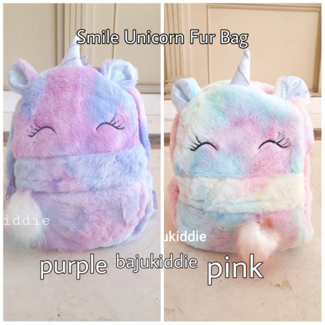 TAS BULU ANAK MOTIF SMILE UNICORN PINK IMPORT