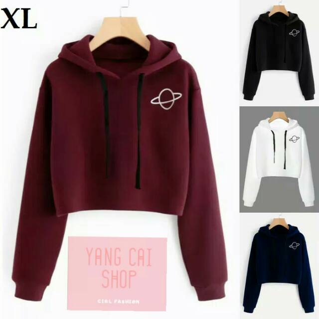 Sweater Jumbo Wanita Crop Hoodie PLANET - Fit XL - Putih