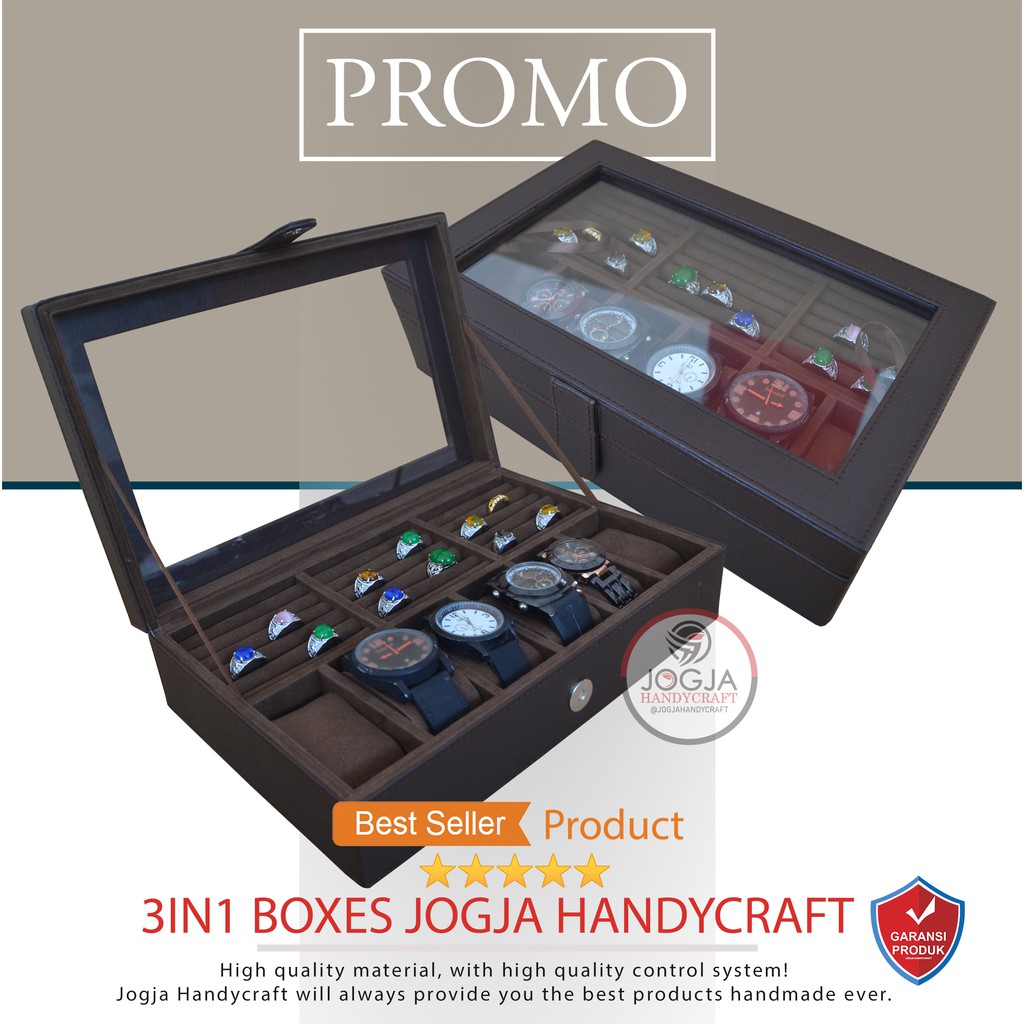 Full Brown Watch Box Mix Ring Holder / Kotak Tempat Jam Tangan Mix Cincin