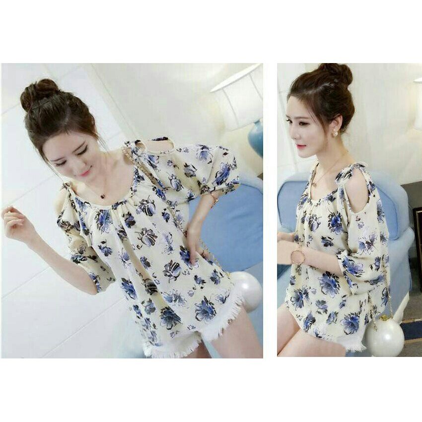 INV - BLOUSE SABRINA MAWAR BIRU / SABLON TERANG / GOOD QUALITY