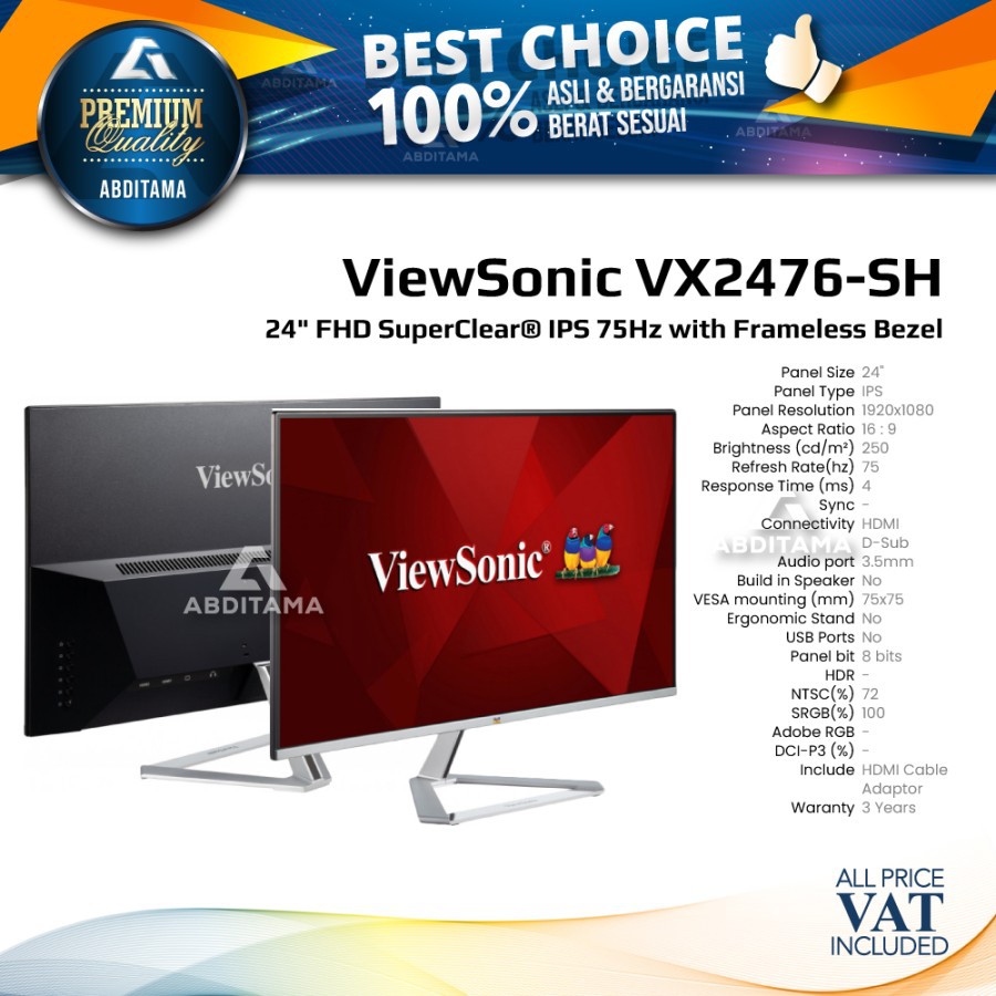 Monitor LED Viewsonic VX2476 VX2476SH 24" IPS 1080p 75Hz VGA HDMI