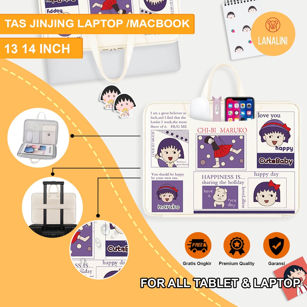 Sleeve Pouch Sarung Tas Bag Case Ipad Tab Tablet Macbook Air Pro Laptop Asus Acer Lenovo HP Huawei 11 12 13 14 15 inch Motif Gambar Kartun Cartoon Chibby Maruko Chan Warna Putih Biru Lucu Cute Murah Korean Model Jinjing Tali Strap