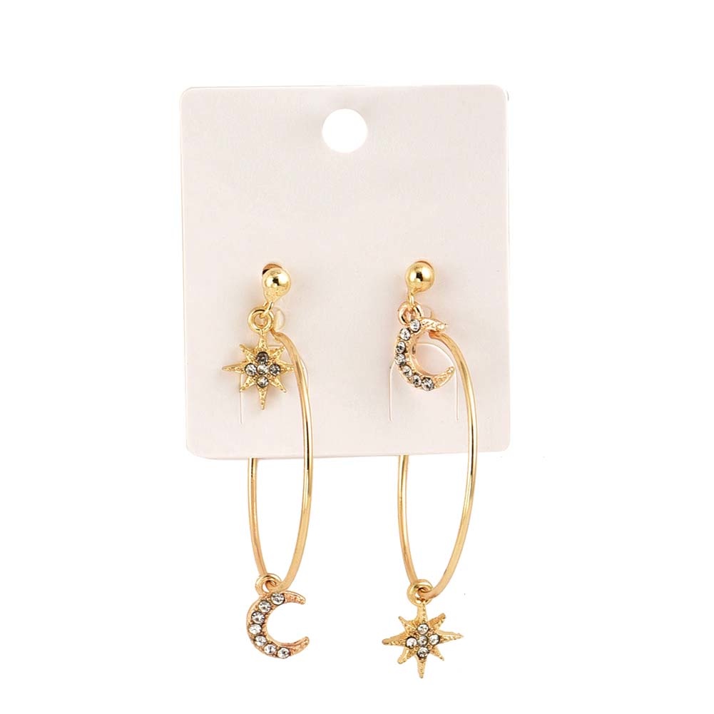 Hu Hu Hu Hu Hu Alat Bantu Pasang Kacamata♡ 4pcs / Set Anting Stud Bentuk Bulan Bintang Aksen Berlian Imitasi Untuk Wanita